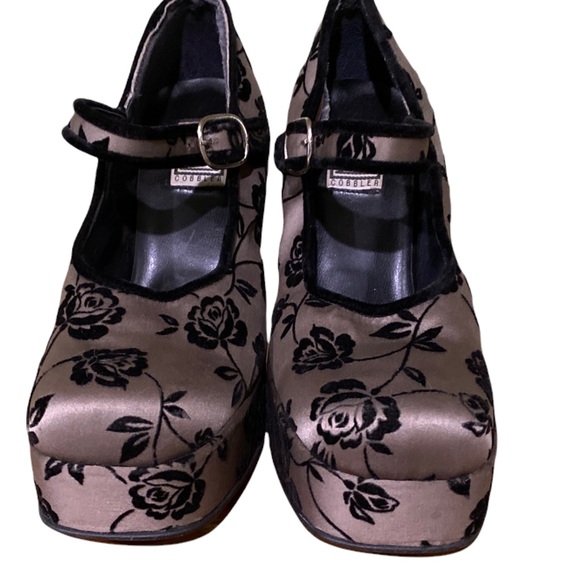 Vintage 90s Taupe Satin With  Velvet Floral Print Chunky Heeled Maryjanes - Picture 3 of 14